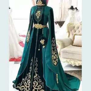 Green Saudi Arabia Muslin Evening Gowns Gold Lace Appliques Long Sleeves A Line Dubai Robe De Soiree Sweep Train Prom Dresses