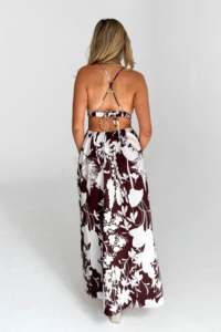 Personalizado Deep V Neck Halter Cross Scoop Backless Floral Impreso Side Leg Slit Mujeres Casual Vestidos de vacaciones Vestidos largos - Product Image 3