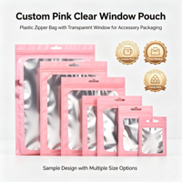 Pochette à fermeture éclair rose personnalisée avec fenêtre transparente, trou de suspension, sac en plastique refermable pour accessoires électroniques, petit emballage cadeau