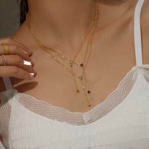 Collier chaîne à maillons en acier inoxydable plaqué or 18 carats pour femmes, avec zircon cubique arc-en-ciel - Product Image 3