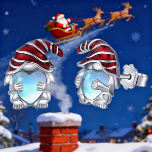 Boucles d'oreilles clous en argent 925 blanc champagne, motif gnome de dessin animé avec cœur en strass de cristal, pour usage quotidien, bijoux unisexes mignons - Product Image 5