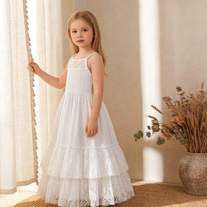 Abito Formale Floreale in Raso per Bambine, Elegante Vestito Lungo in Pizzo per Eventi Estivi Formali, Abito da Festa per Bambini - Product Image 1