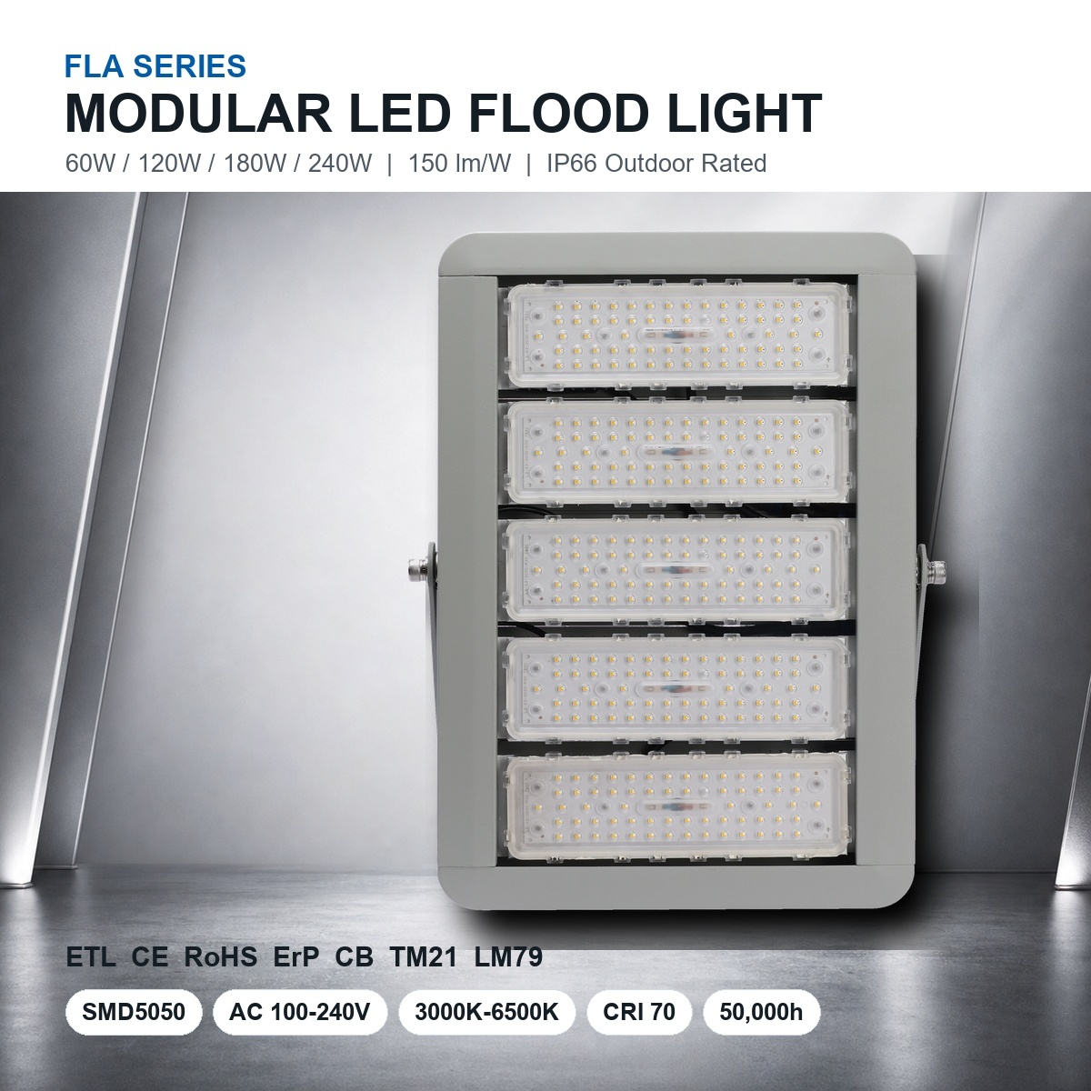 FLA Series Modular LED Flood Light 60W-240W IP66 Outdoor High Lumen Aluminum Alloy 3000-6500K 5-Year Warranty for Sports