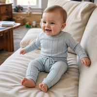 Ensemble tricoté pour bébé 2 pièces en coton côtelé large, pull et pantalon de jogging, col rond, cordon de serrage, unisexe, bleu glace, automne-hiver, personnalisé, OEM, vente en gros