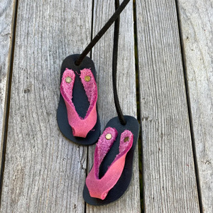 Leather flip-flop shaped <b>bag</b> <b>charm</b>, vintage flip-flop <b>bag</b> accessory rope, tassel keychain leather pendant - Product Image 2