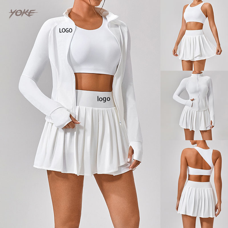 Women's Yoga Suit Set Outdoor Sports Running Activewear for Women Slim Fit Elastic Fitness Pleated Skirt Tennis Wear 3 Pieces