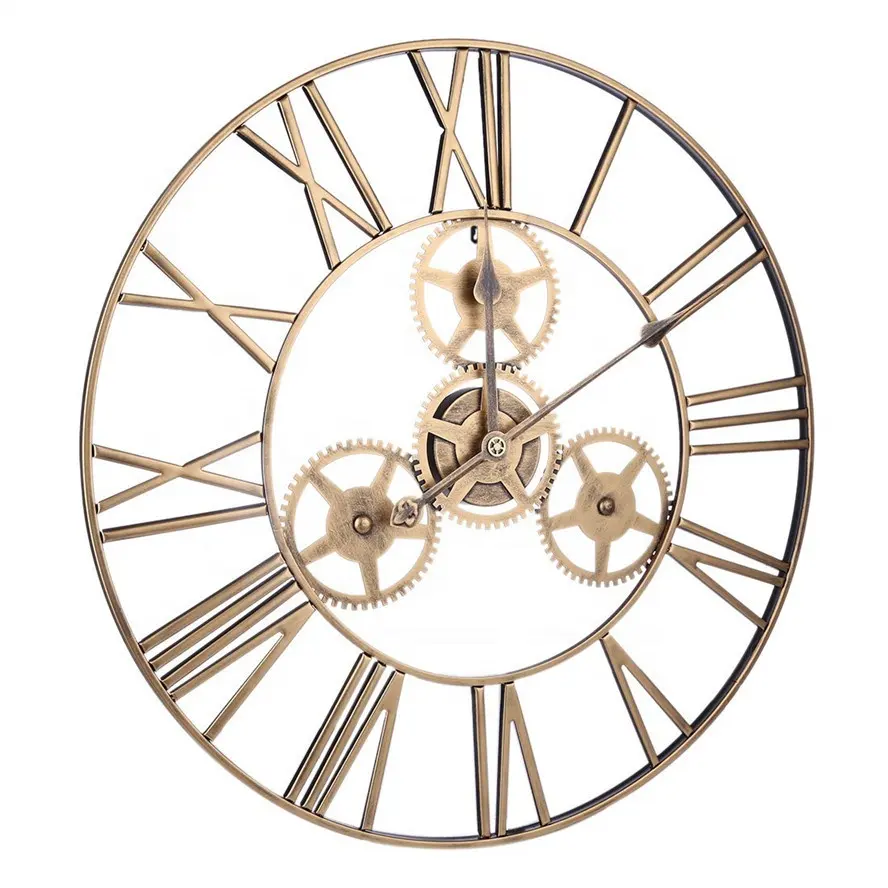 24" 60cm & 28" 70cm Oversized Skeleton Black and Gold Retro Silent Non-ticking Metal Gear Wall Clock for Home Decoration