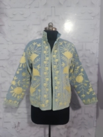 Veste courte matelassée d'hiver en velours, faite main, tricotée, broderie florale, respirante, écologique, col rond, ouverte sur le devant