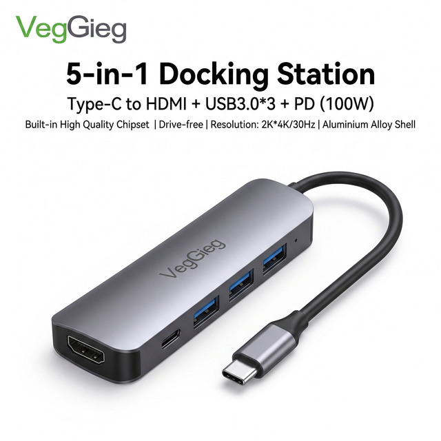 VegGieg 5-in-1 Type-C Docking Station Aluminum Alloy 4K HDMI PD100W 3*USB3.0 Multiport Laptop Hub Drive-Free