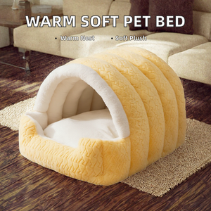 Coussin pour animaux de compagnie jaune en forme d'arche, semi-fermé, nid pour chien et chat, en peluche jacquard, doux et chaud, pour usage intérieur - Product Image 2