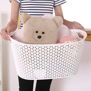 Hollowed Out Plastic Storage Basket Oval With Handles For Neatening And Storage Apricot White PP Material - Product Image 1