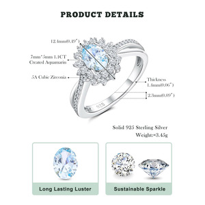 Anillo de aguamarina sintética de 1.1 quilates, plata de ley 925 maciza, corte ovalado, halo de circonita cúbica 5A, anillo de compromiso y boda, joyería de piedras preciosas para mujer - Product Image 2