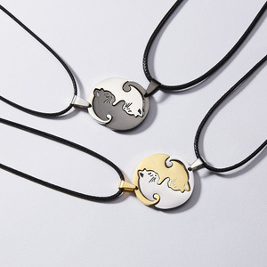 Collana con gatto Yin Yang regalo di san valentino ciondolo con cuore rotondo 2 pz/paia migliore amico coppie gioielli in acciaio inossidabile - Product Image 4