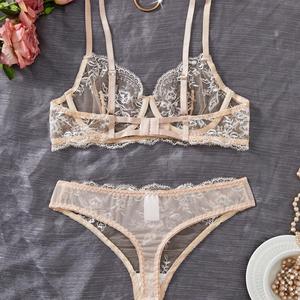 Conjunto de sujetador con copas de encaje transparente de malla sexy europeo y americano para evitar la flacidez y el agarre. - Product Image 2