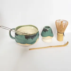 厂家定制抹茶茶具绿釉碗带手柄日本抹茶茶具