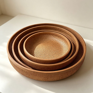 <b>Bamboo</b> Woven Storage Basket Round Handmade Kitchen Food <b>Container</b> Single Tier Neatening Storage - Product Image 2