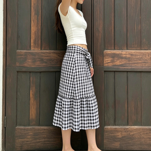 Women's Black <b>White</b> Gingham Check Midi Skirt Tiered Ruffle Hem <b>Wrap</b> Tie Waist A-Line Skirt Summer Casual Vintage Skirt 2026 - Product Image 4