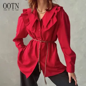 Cardigã de manga comprida Ootn, camisa retrô clássica vermelha de lapela, novidade versátil de algodão, novidade para mulheres, novidade versátil de 2024