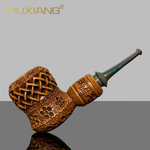 Muxiang Tobacco Pipe Bent Type Solid Wood Carved Brown Filter Core Smoking Set - Product Image 1
