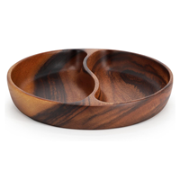Assiette en bois d'acacia FSC à 2 sections, plateau à compartiments ronds pour collations, OEM personnalisé pour la cuisine