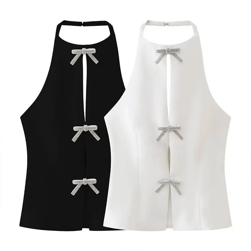 ZATRHMBM Women's 2024 New Fashion Jewelry Bow Decorated Vest Retro Halter Collar White Vest
