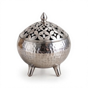 Metal Incense <b>Burner</b> <b>Silver</b> Hammered Tripod Cauldron Censer Floral Cutout Domed Lid Wholesale - Product Image 1