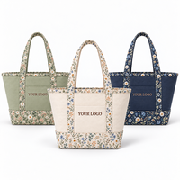 Sac fourre-tout en toile à motifs floraux, patchwork color block, bordure contrastée, grand sac à bandoulière, sac de travail, sac de voyage, sac de plage pour femmes