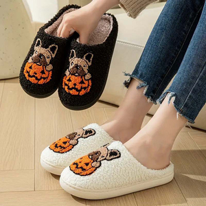 Pantuflas bordadas <span class=keywords><strong>de</strong></span> perro <span class=keywords><strong>de</strong></span> calabaza <span class=keywords><strong>de</strong></span> <span class=keywords><strong>Halloween</strong></span>, toboganes <span class=keywords><strong>de</strong></span> invierno <span class=keywords><strong>de</strong></span> piel sintética para otoño, hogar, comodidad interior - Product Image 2
