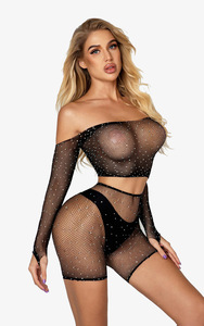 2pcs 탑 팬티 정장 반짝 이는 섹시한 란제리 Clubwear 바디 여성 섹시한 Fishnet 긴 소매 라인 석 바디 수트 - Product Image 5