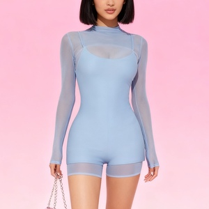 ชุดจั๊มสูทแขนยาวผ้าตาข่ายสีพื้นแบบใหม่ล่าสุดประจำฤดูใบไม้ร่วง แต่งผ้าแบบแพทช์เวิร์ค ชุดเดรสแบบผูกคอ ชุดเซ็ต 2 ชิ้น แฟชั่น - Product Image 2