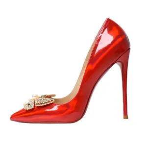 Escarpins à bout pointu classiques et colorées pour femme, chaussures féminines à talons aiguilles et hauts, brillantes, stylées, diy, rouge, vente en gros,