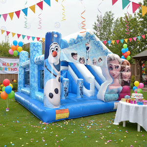 Château Gonflable Personnalisé <span class=keywords><strong>Elsa</strong></span> Bleu pour Fêtes, Maison de Rebond Gonflable Princesse avec Toboggan Intérieur - Product Image 1