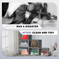 DAYOOH Grand conteneur à chaussures à côtés rabattables, organisateur de chaussures transparent empilable, boîte de rangement pour chaussures en plastique pliable avec couvercle magnétique