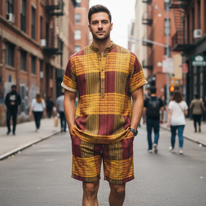 Ensemble deux pièces décontracté pour <span class=keywords><strong>homme</strong></span> : chemise à manches courtes imprimée et short – <span class=keywords><strong>Tenue</strong></span> d'été personnalisée pour usine de vêtements - Product Image 1