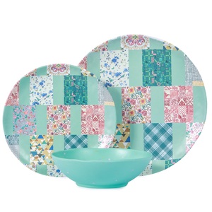 OEM 12-Piece Green Square Pattern <strong>Stitching</strong> Melamine Dinnerware Set Desserts <strong>Plate</strong> and Bowls for Wedding and Dinner - Product Image 1