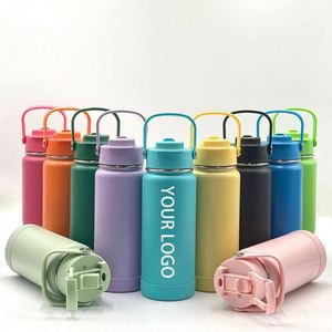 Custom Logo 1L Stainless Steel Insulated Vacuum <b>Flask</b> 32oz Powder Coated Sports Camping Water <b>Bottles</b> 2-in-1 Straw and Spout Lid - Product Image 1