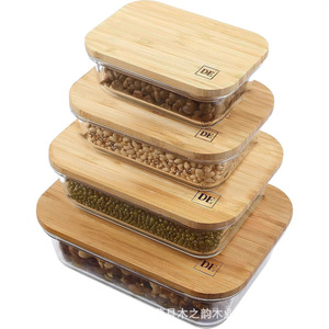 <b>Bamboo</b> Lid Glass Food Preservation Bowl Rectangle Airtight Storage <b>Container</b> Set For Kitchen Use - Product Image 1