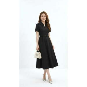 Robe midi trapèze noire pour femme, manches courtes, col à revers, ceinture, tenue de bureau élégante, mode, prix de gros OEM ODM - Product Image 1