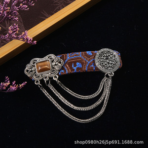 Pince à cheveux en tissu style chinois « Tracing The Realm Of Fireflies » avec chaîne argentée et pierre œil de tigre, pince BB unisexe - Product Image 4