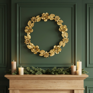 Corona Floral Dorada Redonda de Metal, Decoración Navideña para Colgar en la Pared, Estilo Glam, Hecha a Mano, Sin Iluminación, Paquete Individual - Product Image 3
