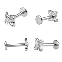 Piercing Labret en Titane ASTM F136 G23, motif Trèfle à Quatre Feuilles Étoilé avec Zircon Cubique, filetage interne, pour Cartilage, Hélix, Tragus