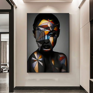 Venta al por mayor de mujer negra africana maquillaje geométrico lienzo carteles impresiones figura retrato <span class=keywords><strong>cuadros</strong></span> artísticos de pared para sala de estar - Product Image 6