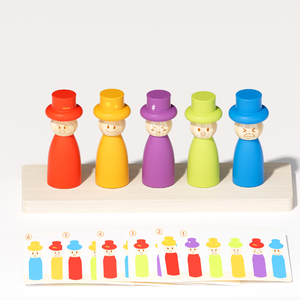Puzzle di ordinamento Montessori per bambini piccoli, gioco in legno con 5 figure per abbinare colori e impilare, con carte con espressioni e cappelli - Product Image 5