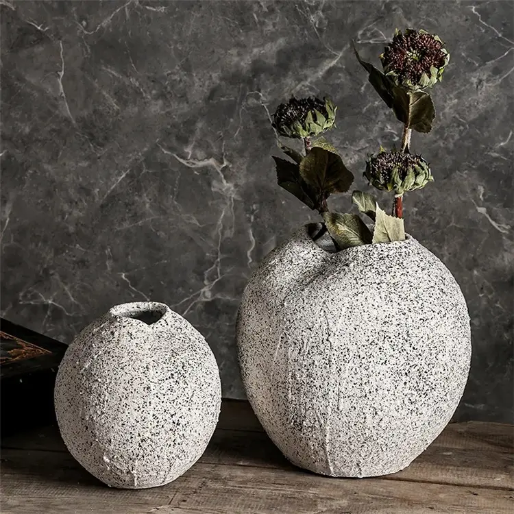 Atacado luxo rústico textura áspera interior tabela porcelana flores vasos redondo cerâmica vintage vaso de cerâmica para decoração