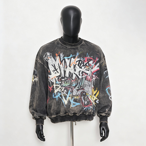 OEM kustom bordir 100% katun 380Gsm antik asam dicuci kotak dipotong tepi mentah manset Hems Sweatshirt Hoodies tanpa Hoody - Product Image 3