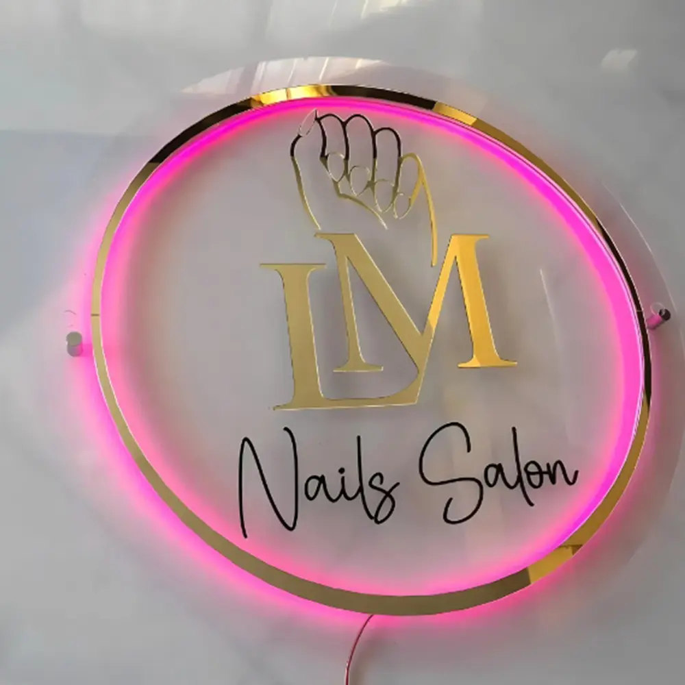 Fabrieksprijs Custom Beauty Kapsalon Verlicht Led Gouden Spiegel 3d Logo Teken Helder Acryl Rond Logo Teken