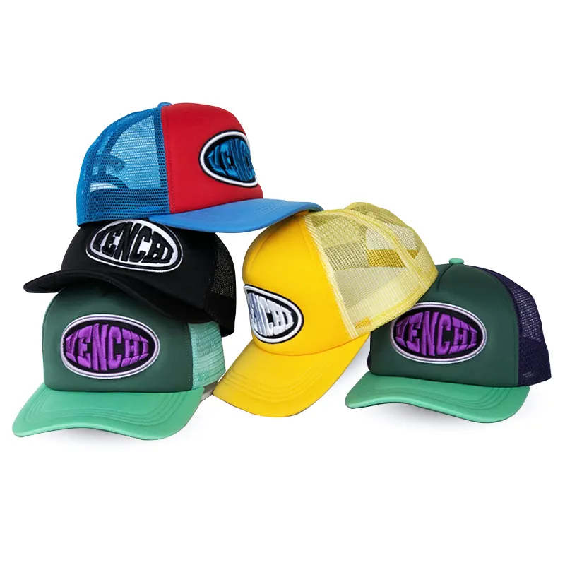 Custom special colors printed embroidered mesh logo 3D powder puff 3dpuff printing mens black trucker hats cap caps hat for men