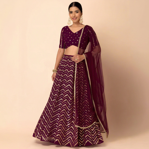 Elegant Maroon <b>Sequined</b> Georgette A-Line Lehenga Choli with V-Neck Crop <b>Top</b> Floral Pattern Built-in Bra Floor-Length Dress - Product Image 1