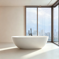 Baignoire autoportante ovale blanche en acrylique, moderne, avec robinet sur pied, pour projets hôteliers et de complexes hôteliers
