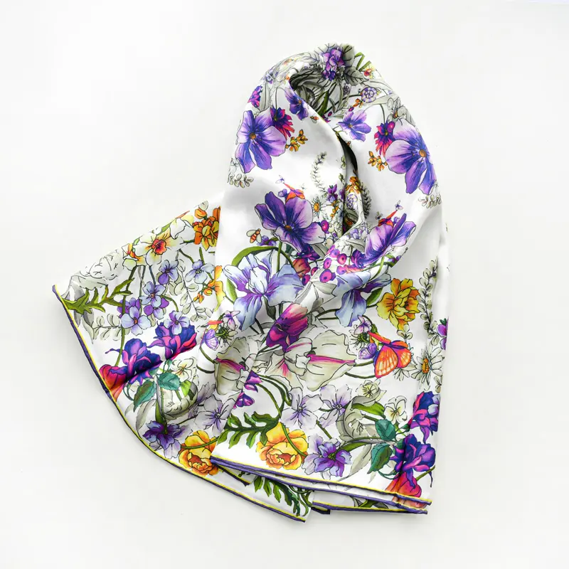 Black real silk twill scarf printed with flowers head scarfs women elegant white square bandana shawl in stock